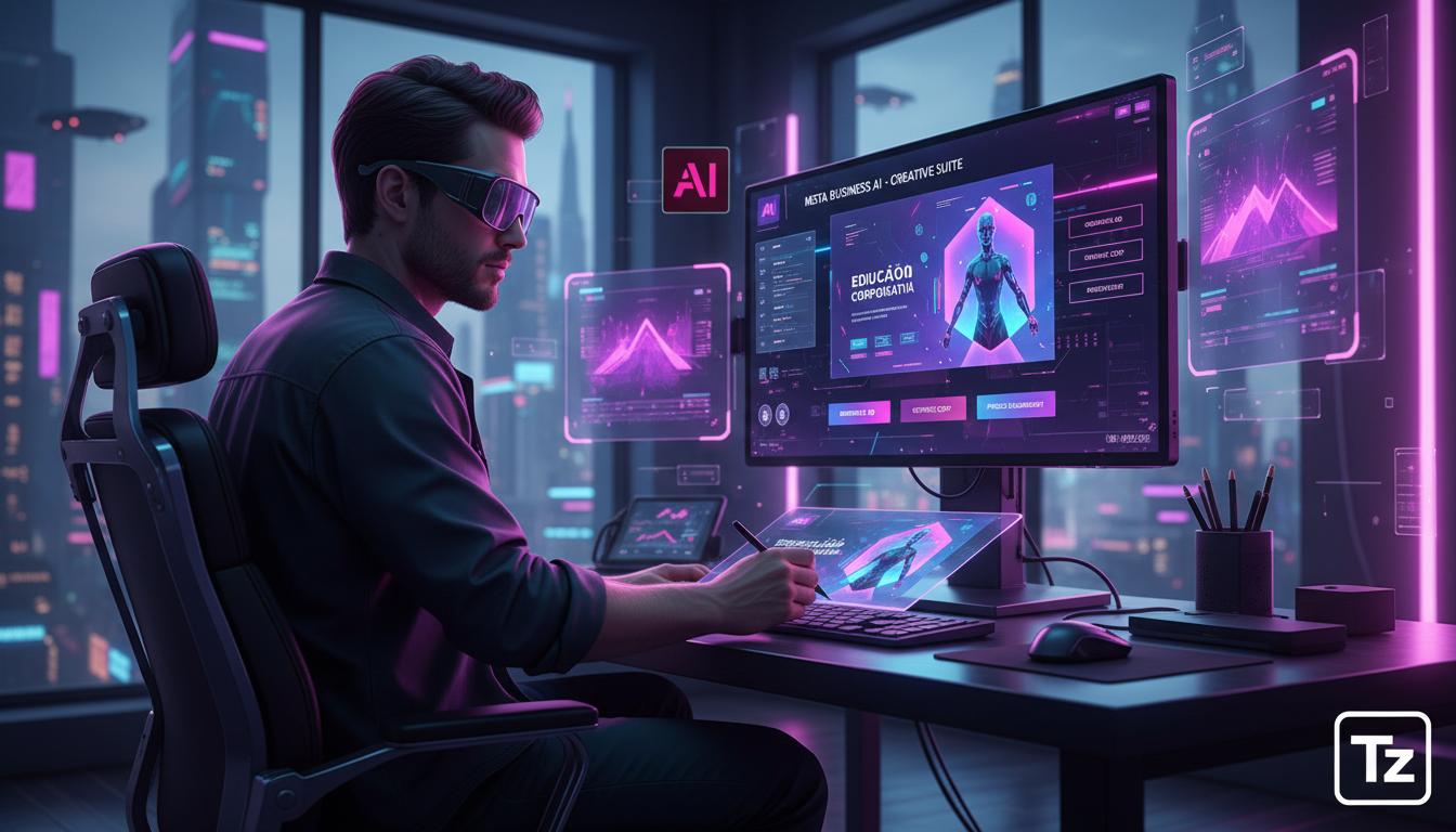 Transformação digital via Meta Business Suite IA: por onde começar — Um designer gráfico utilizando um software de edição com recursos de IA generativa para criar um anúncio chamativo para redes socia