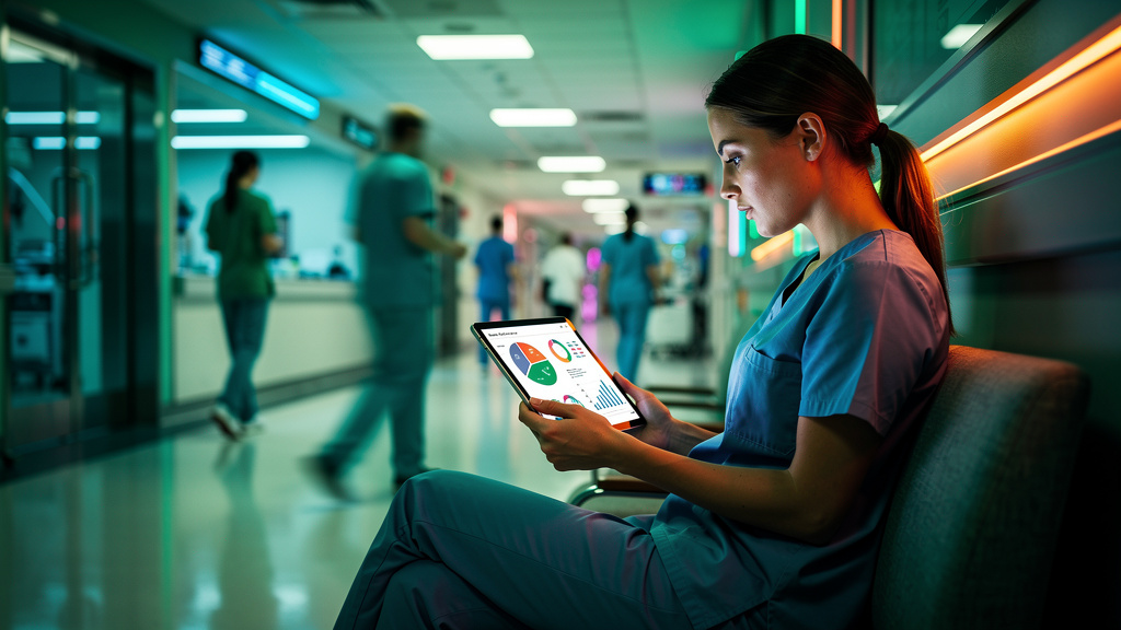 Treinamento em Enfermagem e sustentabilidade: 7 tendências para 2026 — Enfermeira usando um tablet Toolzz LXP durante um intervalo rápido em um movimentado hospital. Ela está sentada em um banco confo