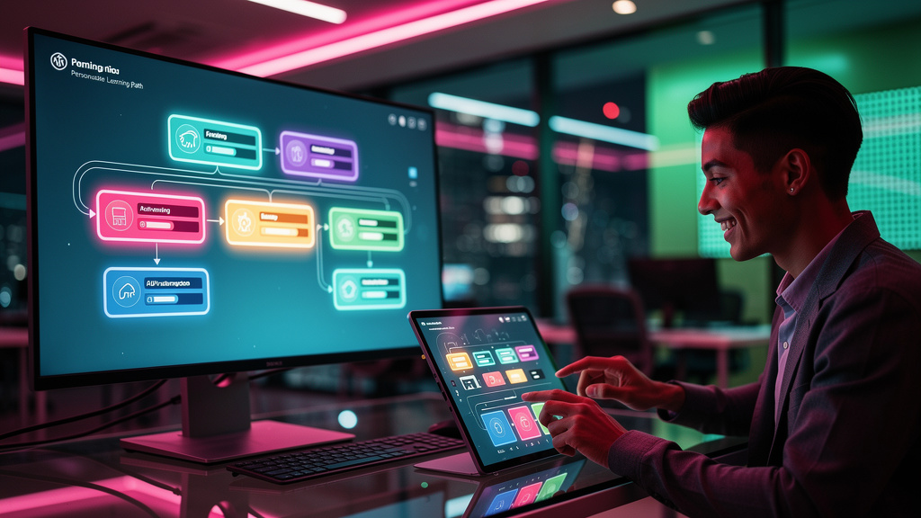 Trilhas de Aprendizado: O Guia Completo para EAD — Ilustração digital. Uma tela de computador exibindo uma interface de trilha de aprendizado personalizada. A interface mostra diferentes módulos, prog