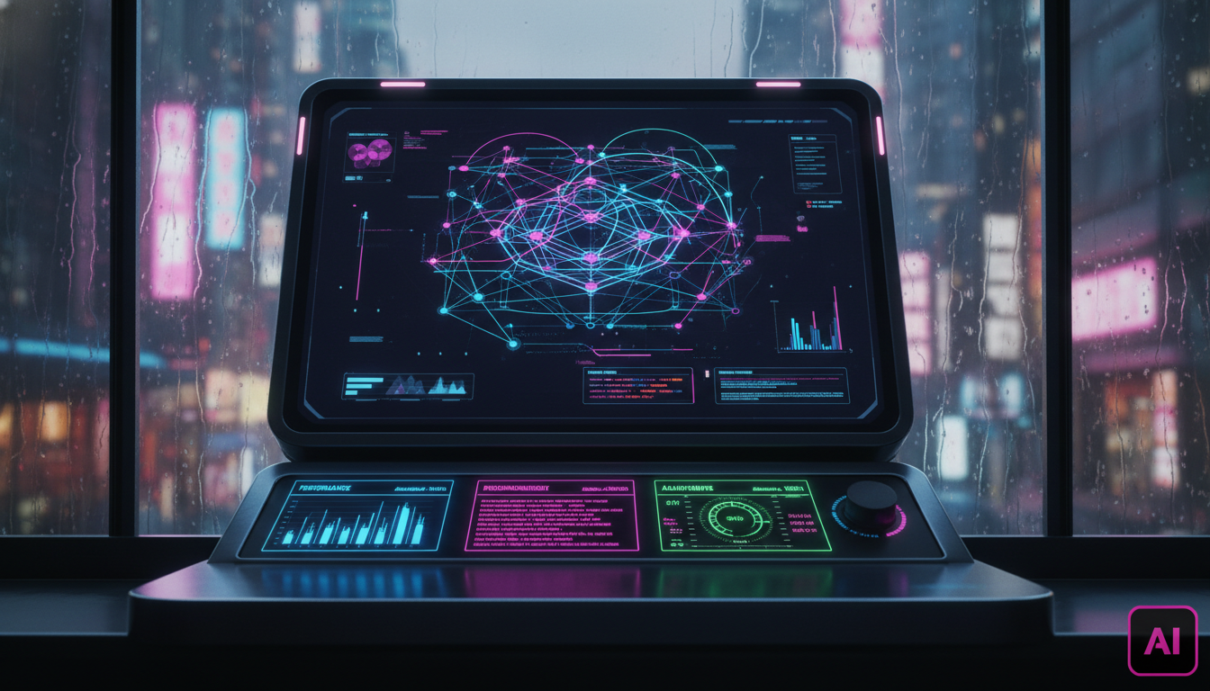 Trilhas Personalizadas com IA descomplicado: guia visual e prático — Ilustração de um painel de controle de IA elegante e intuitivo, exibindo um diagrama de rede complexo que representa as trilhas de 