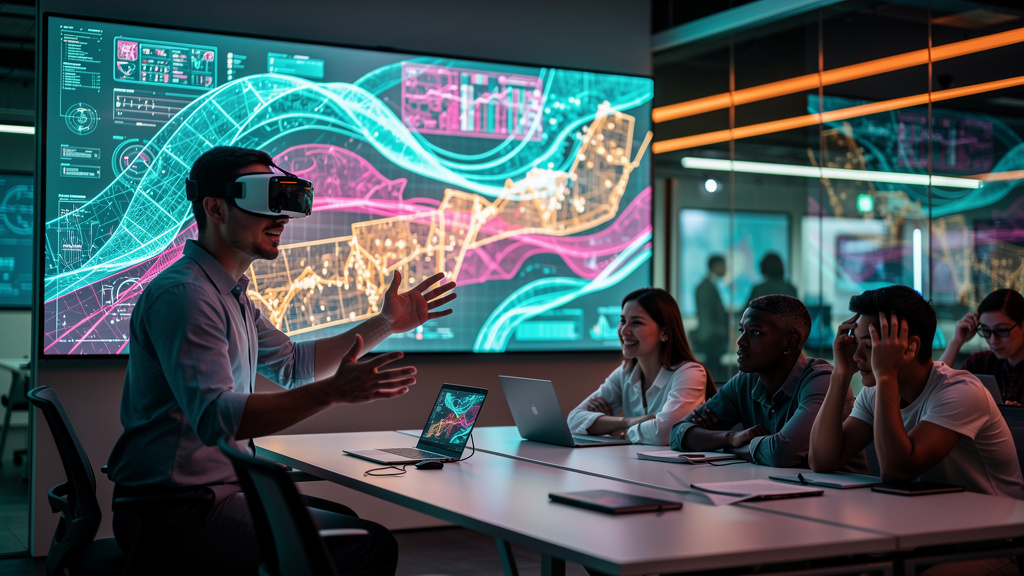 Troubleshooting: 7 Problemas em Universidades Corporativas 2026 — Um instrutor usando um headset de realidade virtual, gesticulando em frente a uma tela que exibe dados e gráficos complexos. Alunos ao