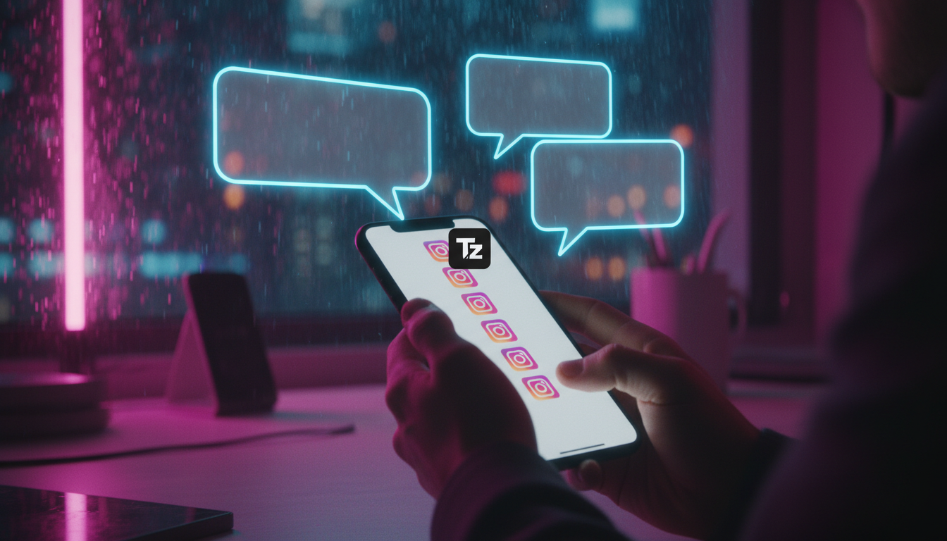 Troubleshooting: 7 problemas frequentes em Agente AI Instagram — Um usuário frustrado digitando rapidamente no celular, com várias notificações do Instagram acumuladas na tela. Balões de fala vazios p