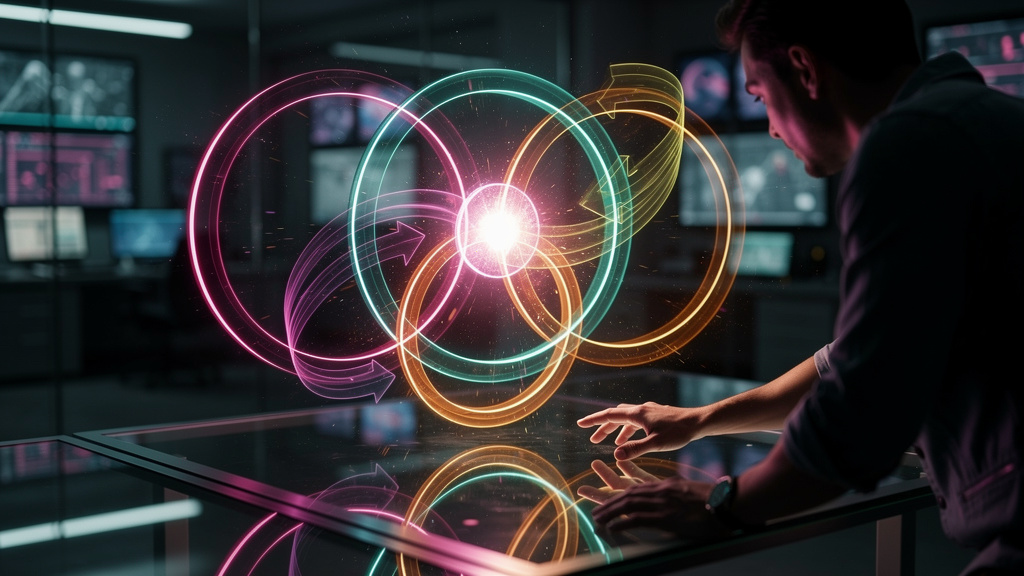 Troubleshooting: 7 problemas frequentes em Fluxos de Human Approval em IA — Um diagrama de Venn complexo e colorido onde os círculos representam 'Automação de IA', 'Supervisão Humana' e 'Decisões de A