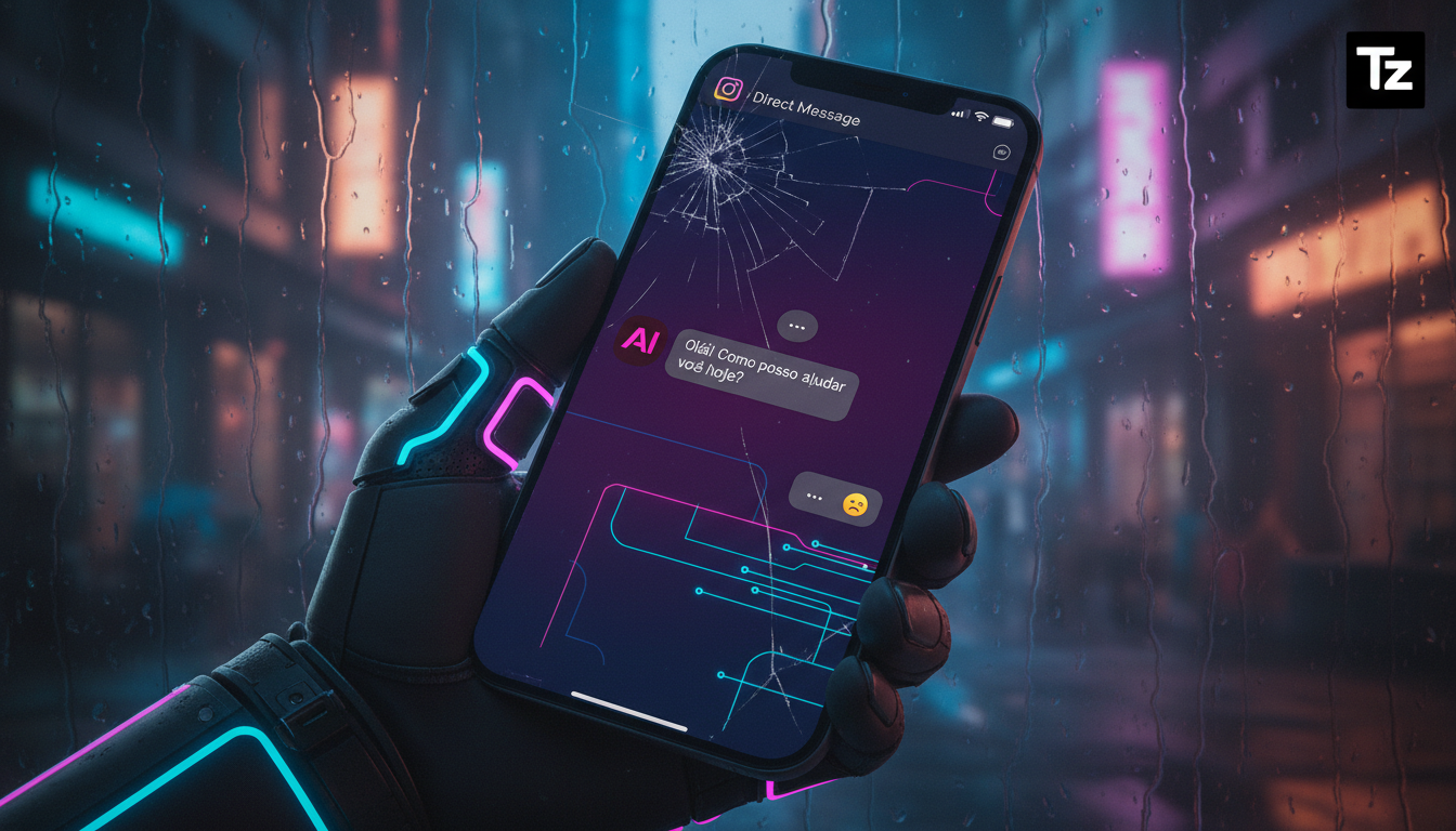 Troubleshooting: 7 Problemas Frequentes em IA para Redes Sociais — Close-up de uma tela de celular mostrando uma DM do Instagram com uma resposta genérica e impessoal. Um emoji de rosto decepcionado a