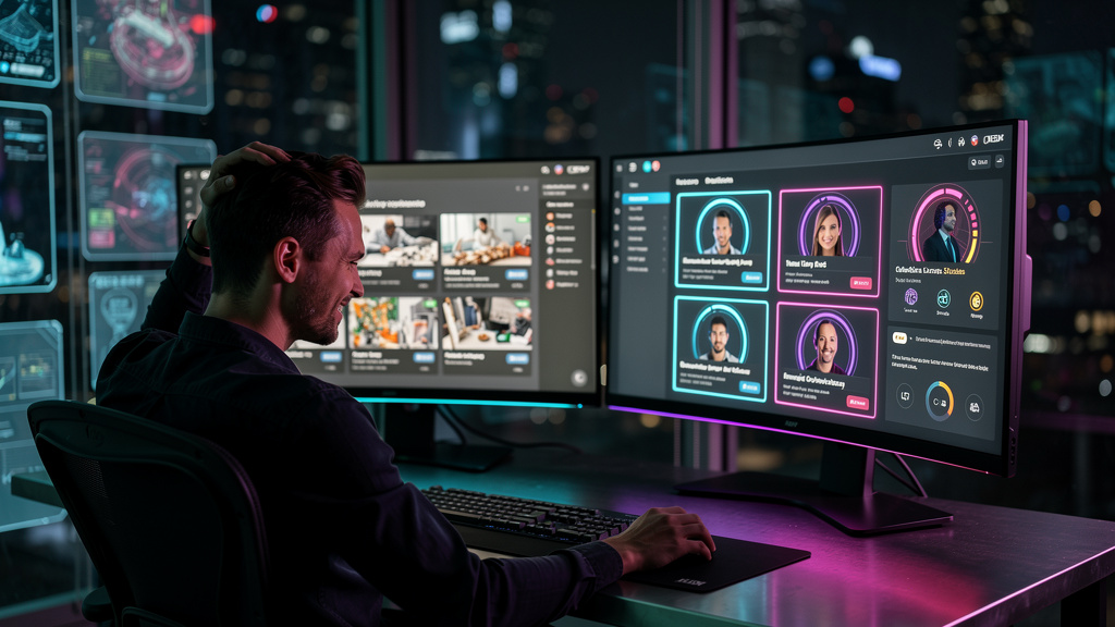 Troubleshooting: 7 Problemas Frequentes em LXP's em 2026 — Um usuário frustrado diante de uma tela de LXP mostrando conteúdo irrelevante e desatualizado. Em contraste, uma segunda tela ao lado exibe a