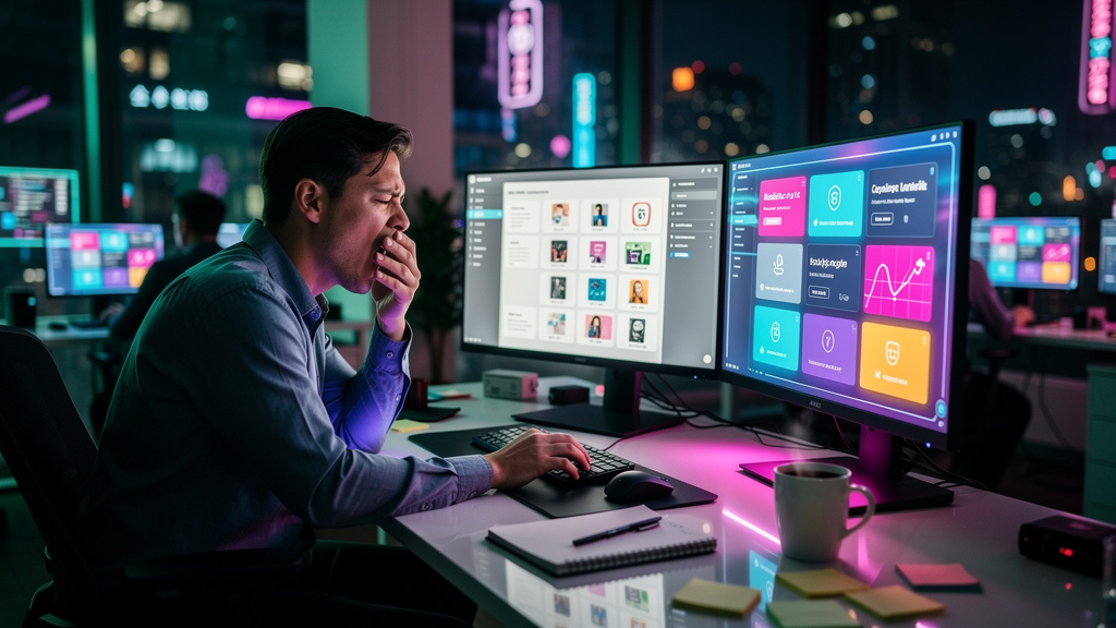 Troubleshooting: 7 Problemas Frequentes em LXPs 2026 — Um funcionário bocejando em frente a uma tela de LXP com conteúdo genérico e desinteressante. Ao lado, uma tela com a Toolzz LXP mostrando recome