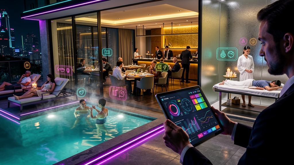 Turismo e Hotelaria: Escale Conteúdo com IA — Um hotel moderno e elegante, com hóspedes desfrutando de diversas atividades: piscina, restaurante, spa. Pequenas notificações surgem ao lado de cada hósp