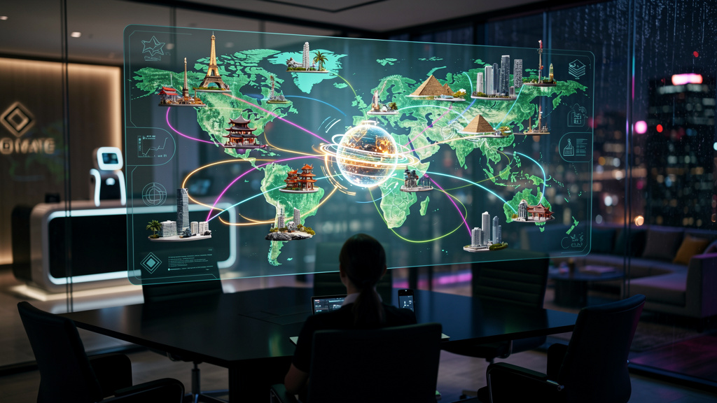 Turismo e Hotelaria na IA: Como se Tornar Fonte no ChatGPT — Uma ilustração digital que mostra um mapa estilizado do mundo, com pequenos ícones representando diferentes pontos turísticos. Deste mapa,