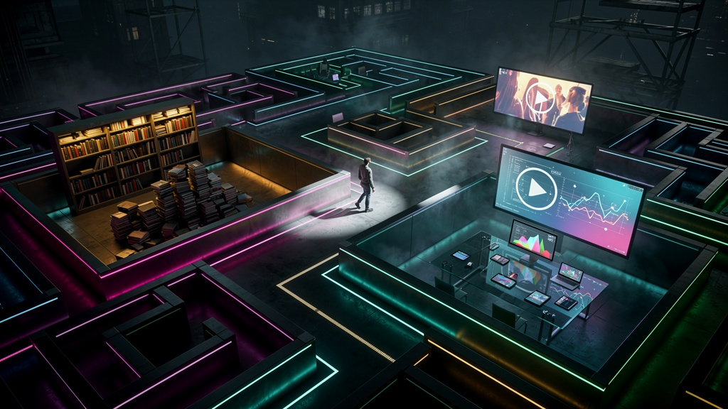 Universidades Corporativas para Infoprodutores descomplicado: guia prático — Visão aérea de um labirinto complexo, com caminhos que levam a diferentes áreas de conhecimento representadas por ícones (l