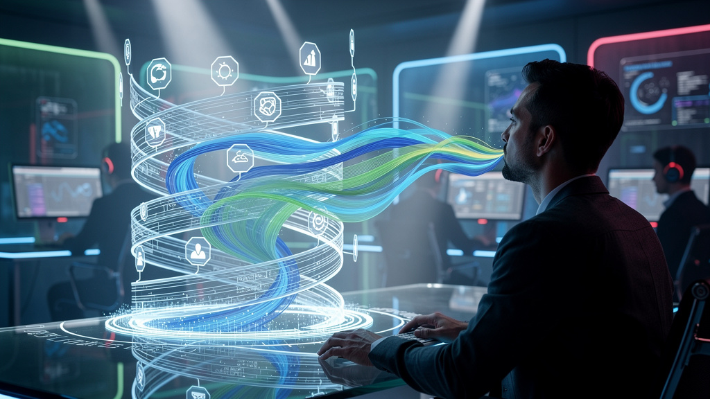 URA Inteligente e Agentes de Voz com IA: O Futuro do Atendimento — Uma representação visual de uma URA inteligente em ação. Imagine uma interface holográfica em forma de espiral, com diferentes opções