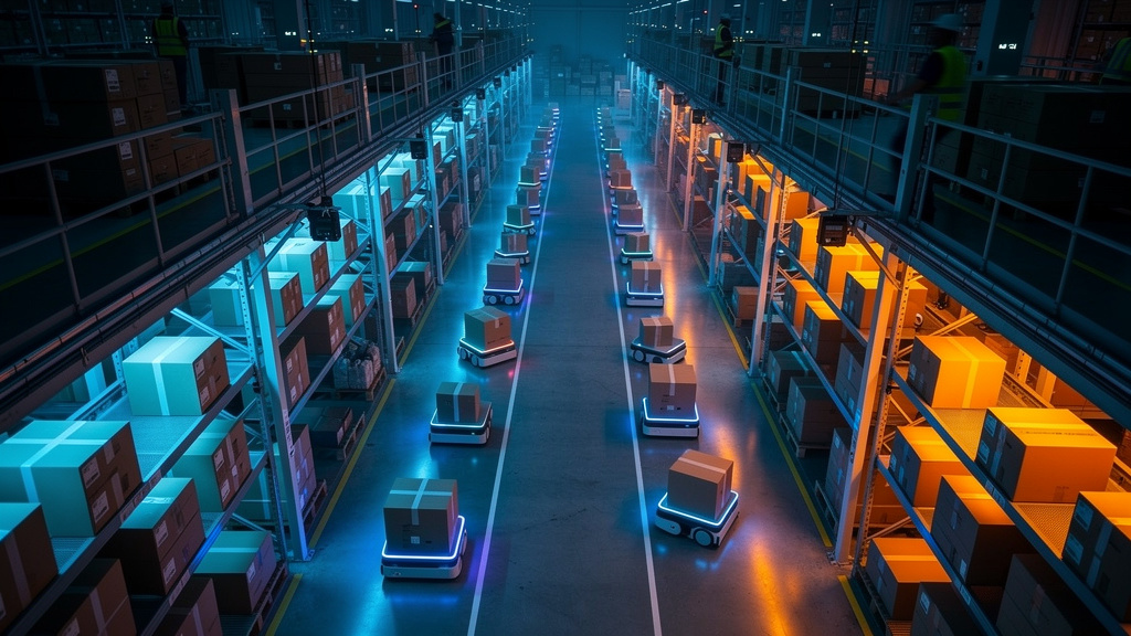 Varejo Impulsionado por IA: Como Empresas Transformam a Experiência do Cliente — Visão aérea de um armazém moderno e automatizado, com robôs movendo caixas. Em uma das caixas, o logo da Toolzz é visív