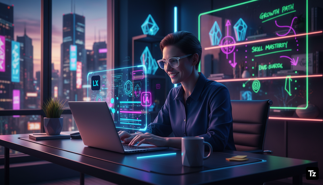 Venda de Cursos: Guia Completo para Educação Corporativa — Um funcionário em seu escritório, usando óculos e sorrindo, navegando em uma plataforma LXP da Toolzz em seu laptop. Ao lado, um quadro branc