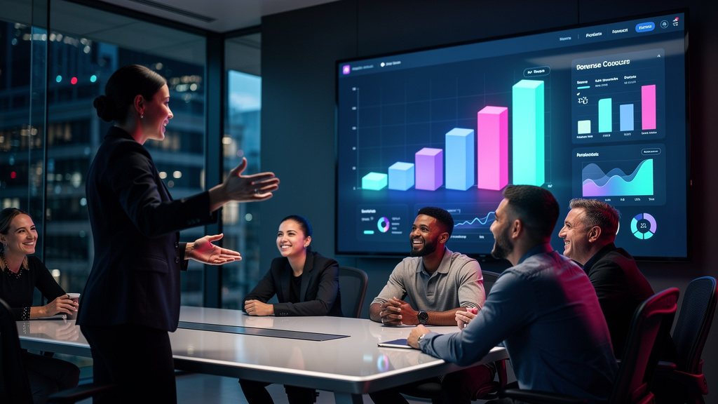 Venda de Cursos: Guia Completo para Educação Corporativa — Um profissional de RH apresentando um dashboard da Toolzz LXP em uma tela grande, mostrando o crescimento de receita gerado pela venda de cur