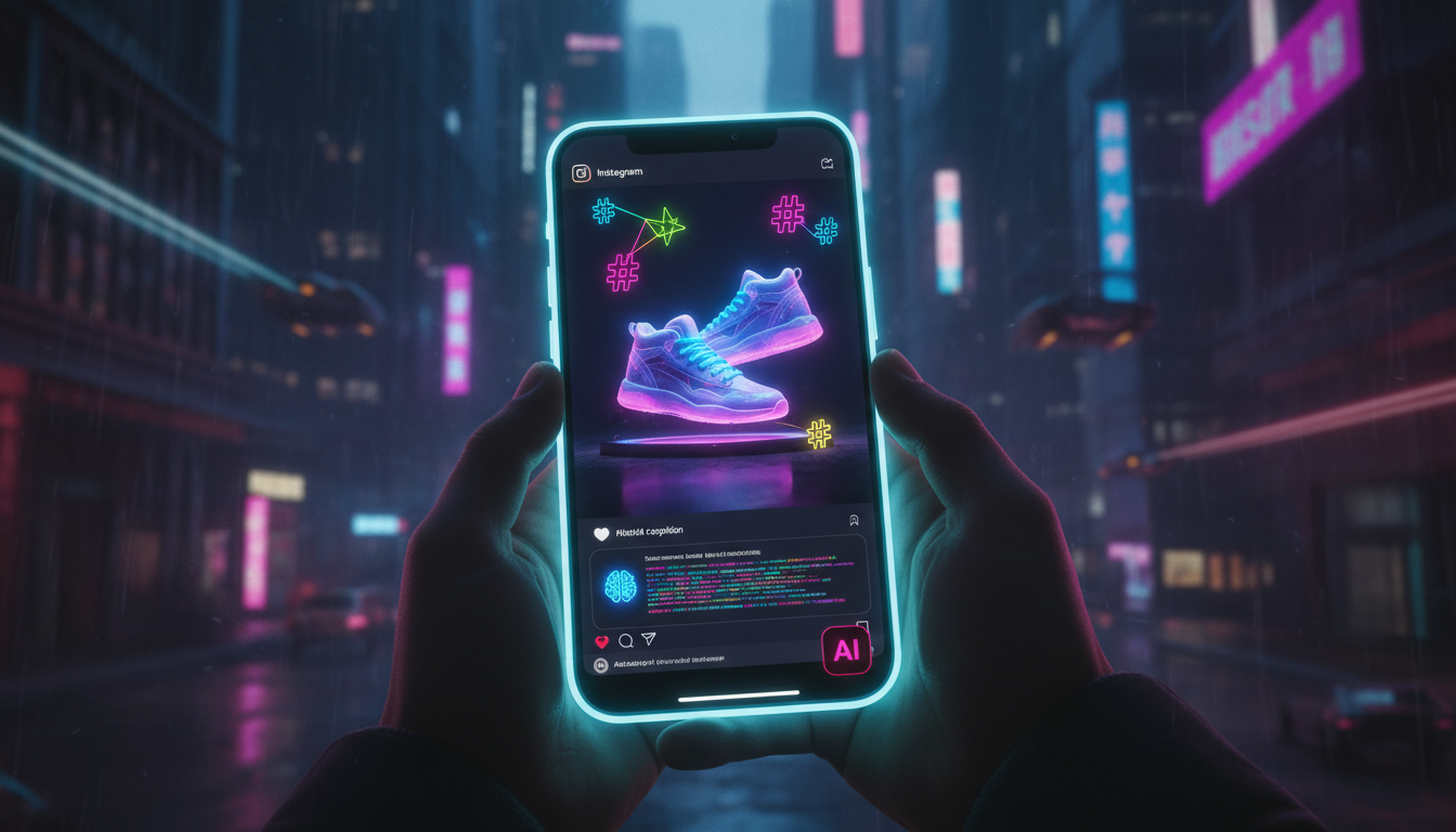 Venda no Instagram: oportunidades e desafios para 2026 — Uma tela de smartphone mostrando um feed do Instagram. Uma legenda de postagem de produto sendo gerada automaticamente por inteligência artific