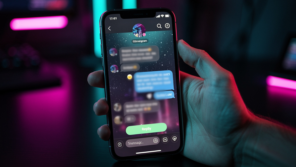 Vendas no Instagram 2026: o que o mundo está fazendo — Close-up de um smartphone mostrando uma DM no Instagram sendo respondida automaticamente por um agente de IA. A mensagem de resposta é personaliz