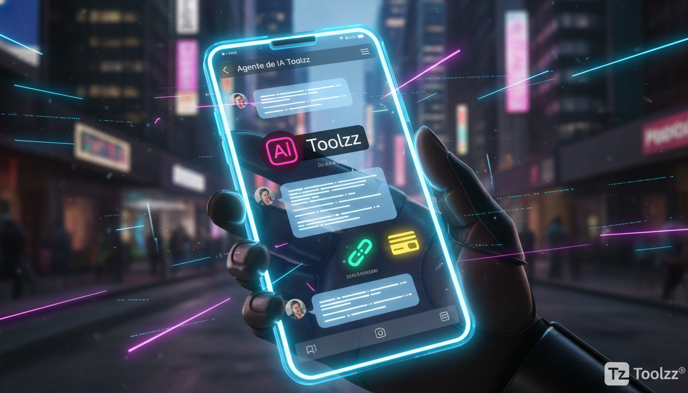 Vendas no Instagram 2026: o que vem aí — Um close-up de um smartphone mostrando uma conversa em Direct Messages no Instagram. Um Agente de IA da Toolzz (com logo da Toolzz visível no avatar) está inte