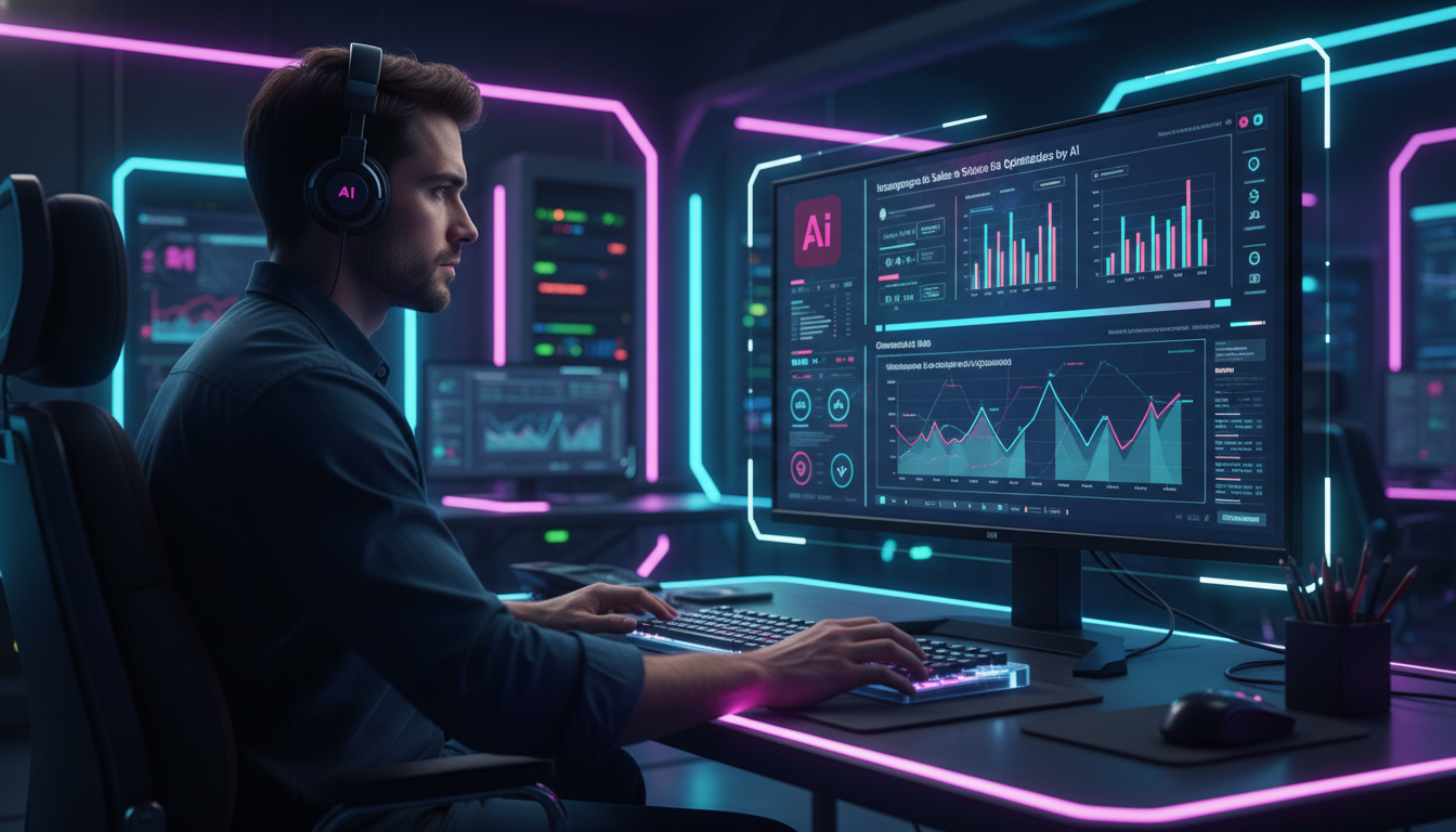 Vendas no Instagram com IA: o que vem aí — Um profissional de marketing digital, em um escritório moderno e iluminado, analisando dados em um dashboard que mostra o desempenho de campanhas de vendas n