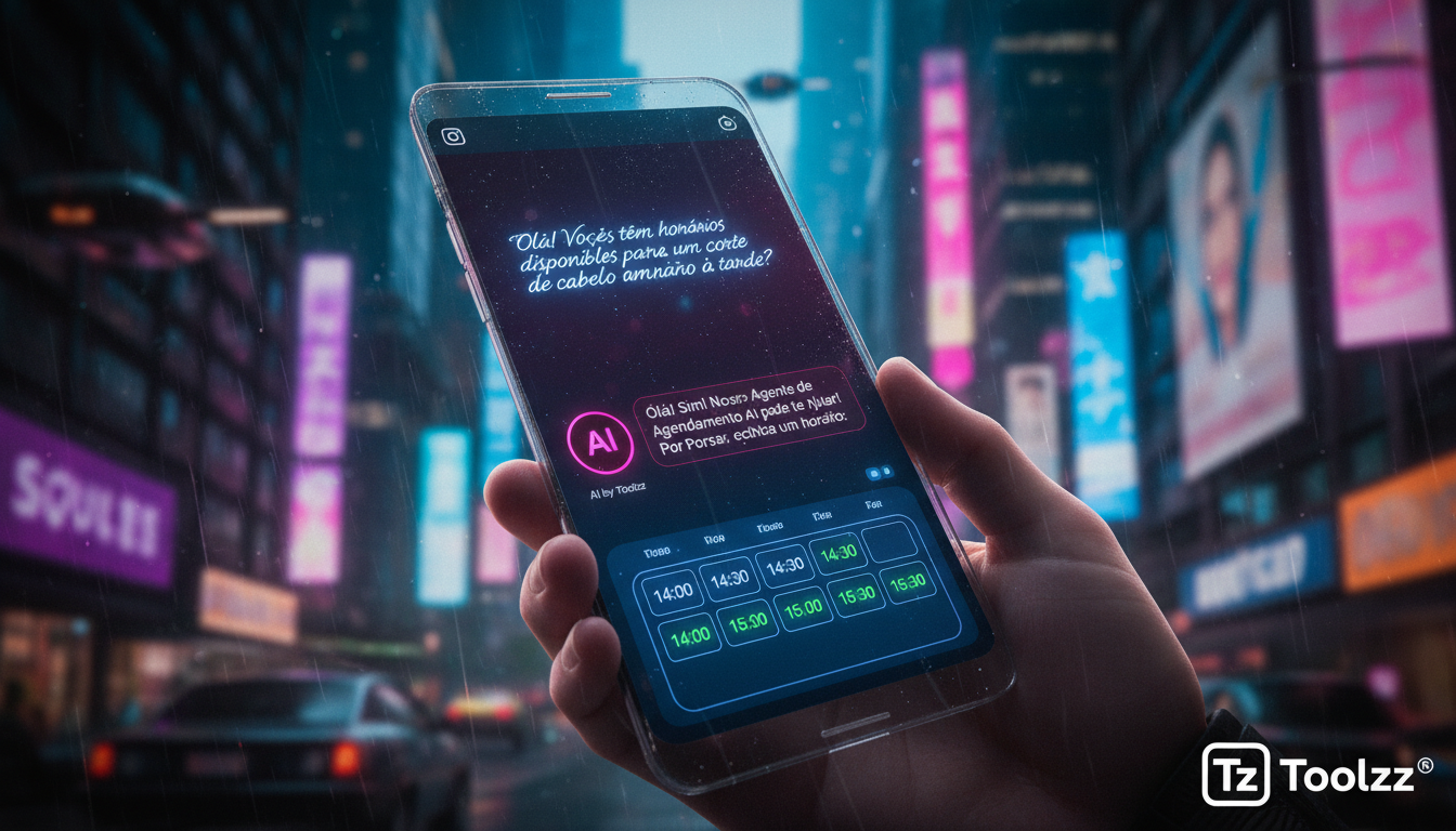 Vendas no Instagram e o futuro do trabalho — Uma tela de smartphone mostrando uma conversa de chat do Instagram. A mensagem do usuário pergunta sobre horários disponíveis para um serviço. Logo abaixo,