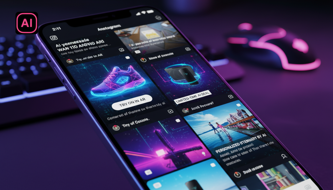 Vendas no Instagram em números: dados e estatísticas de 2026 — Close-up de uma tela de smartphone mostrando um feed do Instagram repleto de anúncios personalizados e conteúdo interativo gerado por IA.