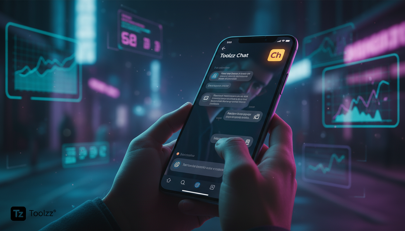 Vendas no Instagram em números: dados e estatísticas de 2026 — Um close-up das mãos de uma pessoa segurando um smartphone. Na tela, uma conversa de bate-papo do Instagram com um chatbot da Toolzz. O c