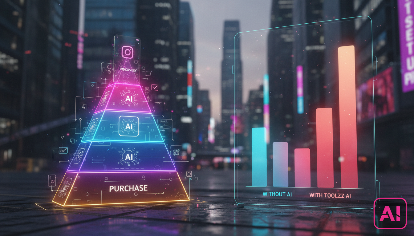Vendas no Instagram: oportunidades e desafios para 2026 — Um diagrama infográfico dividido em duas partes. Na parte superior, um funil de vendas estilizado mostrando a jornada do cliente no Instagram,
