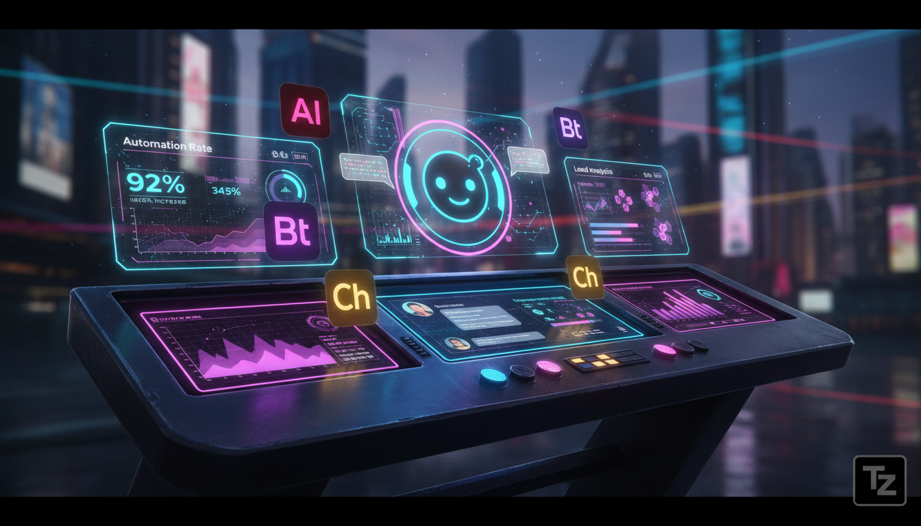 Vender no Instagram com IA descomplicado: guia visual e prático — Um painel de controle futurista com diversos ícones representando funcionalidades de IA. No centro, um avatar amigável de um chatbot e