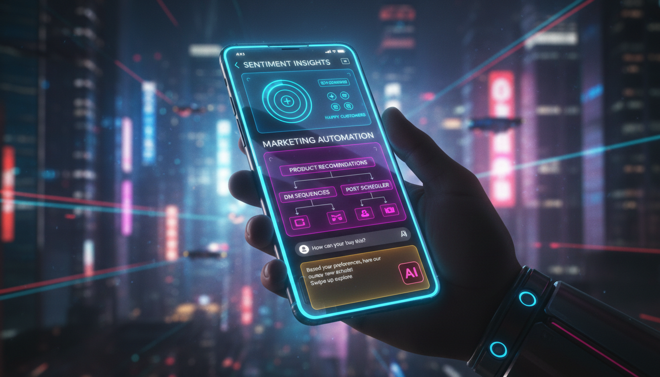 Vender no Instagram com IA explicado: do básico ao essencial — Um close-up de um smartphone mostrando um painel de controle de IA para Instagram. O painel exibe dados de análise de sentimentos, automa