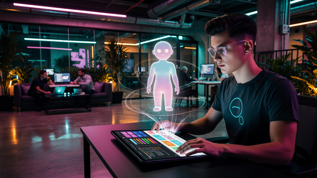 Vibe Coding: A IA que está Mudando o Desenvolvimento de Software — Um designer de UX, usando óculos estilosos e uma camiseta com o logo da Toolzz, está prototipando uma nova interface em um tablet. Ao