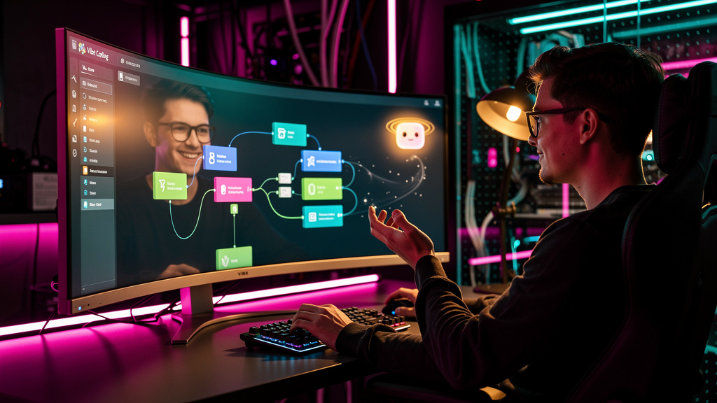 Vibe Coding: A IA que está Redefinindo o Desenvolvimento de Software — Uma interface futurista de Vibe Coding exibida em um monitor curvo ultra-wide. Na interface, blocos de construção visuais represe