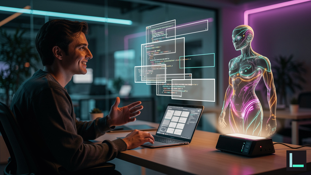 Vibe Coding: A IA que Está Transformando o Desenvolvimento de Software — Um desenvolvedor sorrindo enquanto descreve um aplicativo para um assistente de IA holográfico que transforma suas palavras em