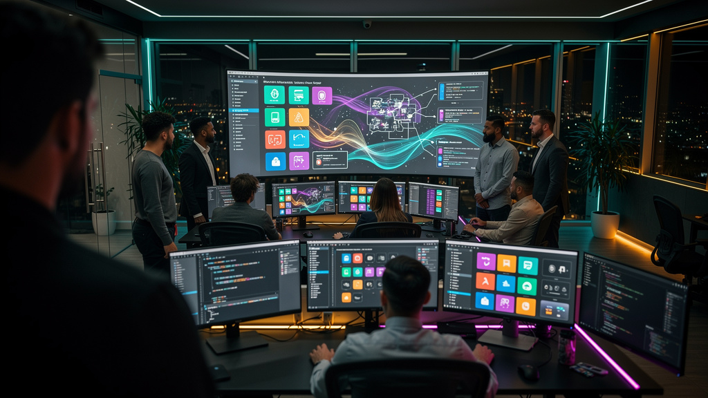 Vibe Coding: A IA que Revoluciona o Desenvolvimento de Software — Um escritório moderno e iluminado onde equipes diversas colaboram em frente a telas que exibem interfaces de IA generativa. Uma tela m