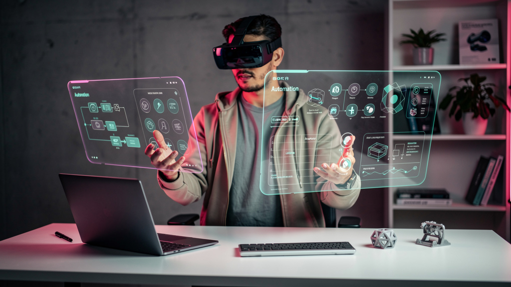 Vibe Coding: A Nova Era da Automação com IA — Um designer de produto usando um headset de realidade aumentada em um ambiente de trabalho minimalista. Ele gesticula no ar, manipulando modelos 3D de int