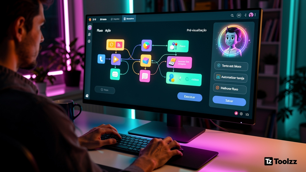 Vibe Coding: A Nova Fronteira da IA e Automação de Software — Uma pessoa, sem conhecimento prévio em programação, arrasta e solta blocos visuais em uma interface no-code, criando um aplicativo funcion