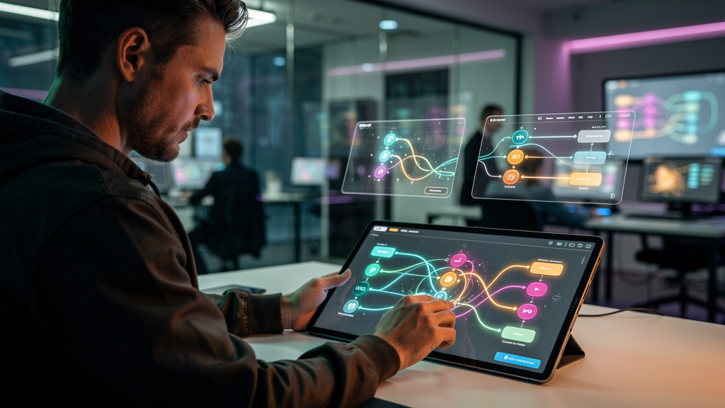 Vibe Coding: A Nova Fronteira da IA e Automação no-Code — Um designer de UX interagindo com uma interface de IA generativa em um tablet. O designer está desenhando fluxos de automação com os dedos, en