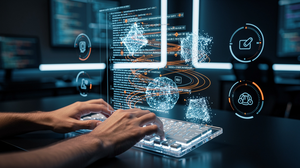 Vibe Coding: A Nova Tendência de Desenvolvimento com IA — Close-up de mãos digitando em um teclado translúcido que se mistura com uma tela holográfica exibindo linhas de código se auto-completando e s