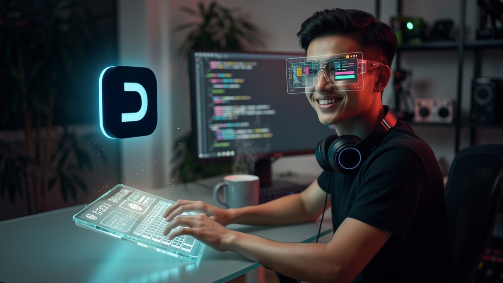Vibe Coding: A Nova Tendência em Desenvolvimento com IA — Um desenvolvedor sorrindo, usando óculos de realidade aumentada que sobrepõem informações de código e design em seu campo de visão. Suas mãos 