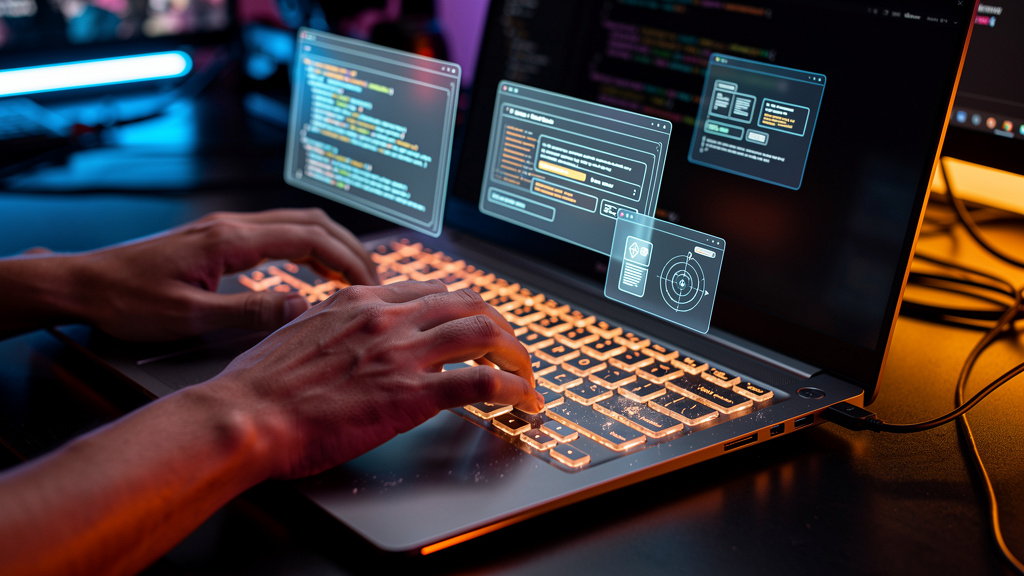 Vibe Coding: A Revolução da IA Generativa para Desenvolvedores — Um close-up das mãos de um desenvolvedor digitando em um teclado futurista. As teclas se iluminam sutilmente a cada toque, e pequenas j