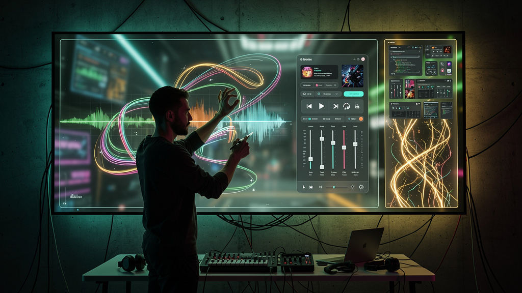 Vibe Coding: A Revolução da IA na Automação de Software — Um artista digital trabalhando em uma tela interativa gigante, criando um aplicativo de música simplesmente desenhando gestos e formas no ar. 
