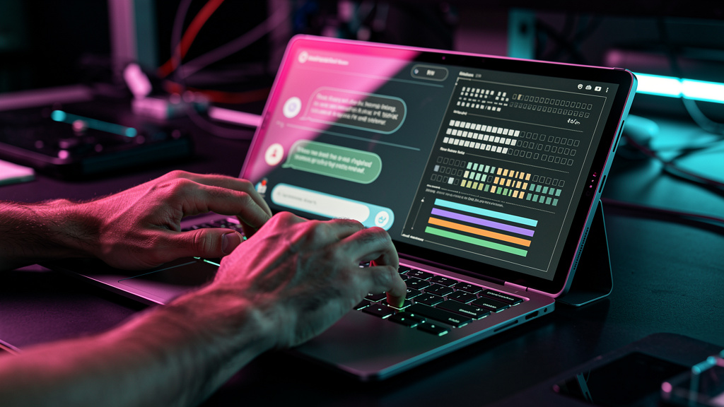 Vibe Coding: A Revolução da IA na Automação de Software — Um close-up das mãos de um usuário digitando em um tablet. Em vez de código, o tablet exibe uma interface de linguagem natural onde o usuário 