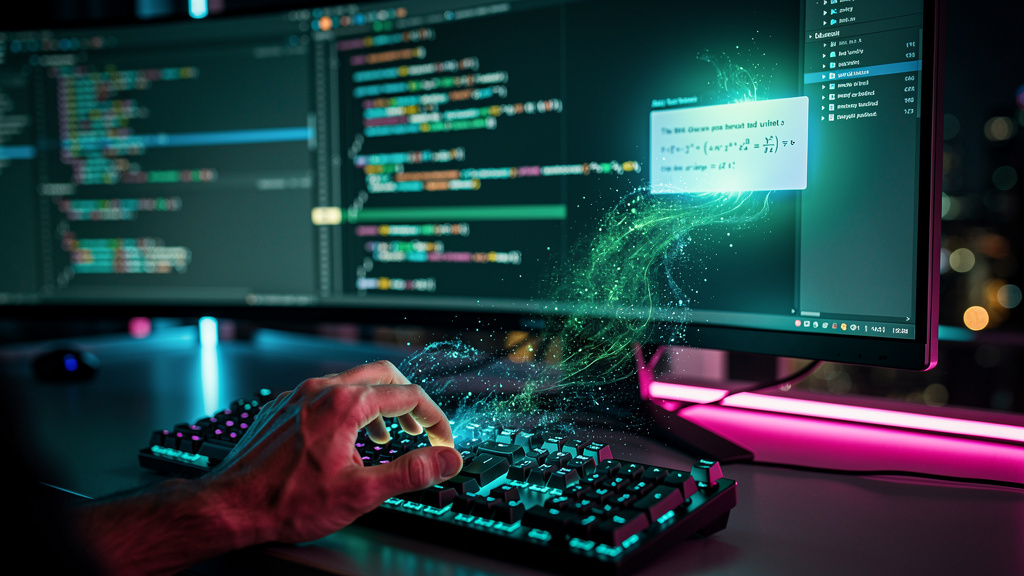 Vibe Coding: A Revolução da IA na Criação de Código — Close-up de uma mão digitando código em um editor LaTeX, com o Prism da OpenAI destacado na tela. Pequenas partículas de luz abstratas em tons de