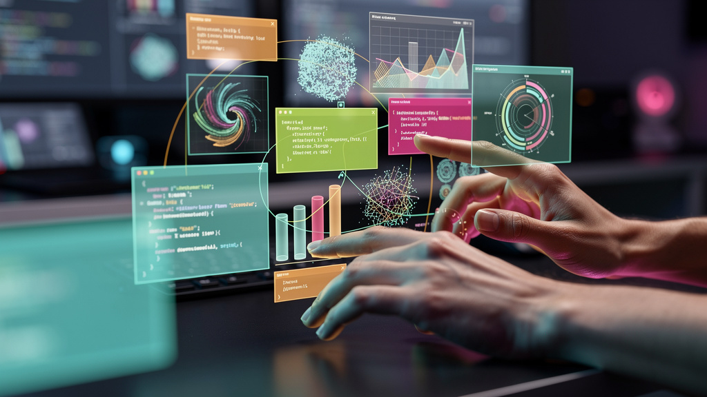 Vibe Coding: A Revolução da IA no Desenvolvimento de Software — Um close-up das mãos de um desenvolvedor interagindo com uma interface holográfica gerada pela Toolzz AI. A interface exibe blocos de có