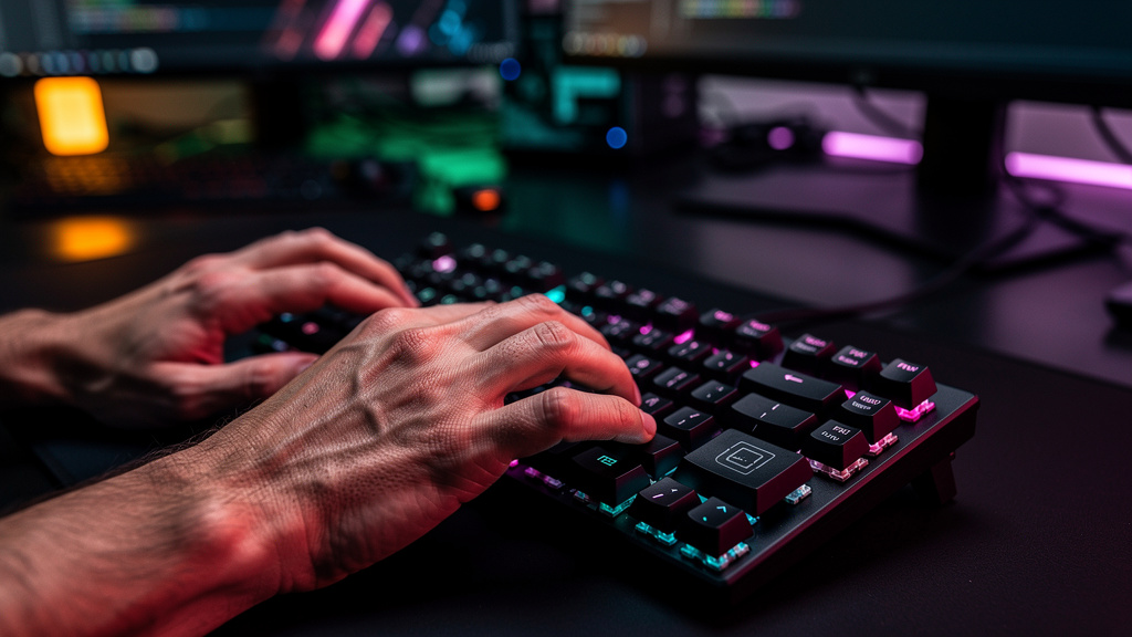 Vibe Coding: A Revolução da IA no Desenvolvimento de Software — Um close-up das mãos de um desenvolvedor digitando em um teclado, mas em vez de código, ele está digitando uma descrição detalhada de um