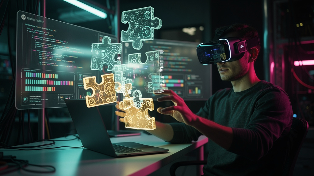 Vibe Coding: A Revolução da IA no Desenvolvimento de Software — Um desenvolvedor imerso em um ambiente de realidade virtual, com óculos VR exibindo um painel de controle de IA que sugere linhas de cód