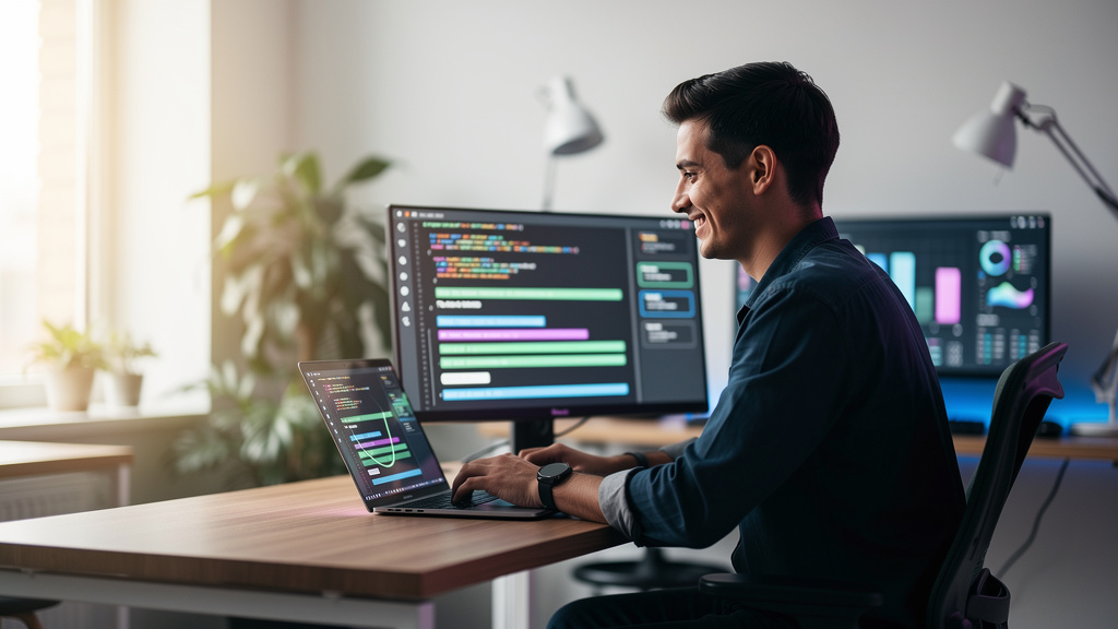 Vibe Coding: A Revolução da IA no Desenvolvimento de Software — Um desenvolvedor trabalhando em um escritório moderno e minimalista, com luz natural abundante. Ele está olhando para a tela do computad