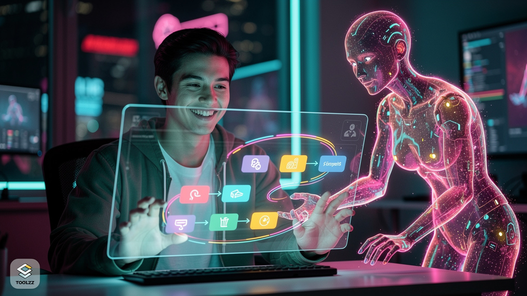 Vibe Coding: A Revolução da IA no Desenvolvimento No-Code — Ilustração de um desenvolvedor sorrindo enquanto arrasta e solta blocos de código em uma interface no-code intuitiva. Um agente de IA, repre