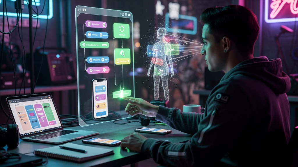 Vibe Coding: A Revolução da IA no Desenvolvimento No-Code — Um desenvolvedor, sem experiência em programação, está criando um aplicativo móvel em uma plataforma no-code. A interface da plataforma é in