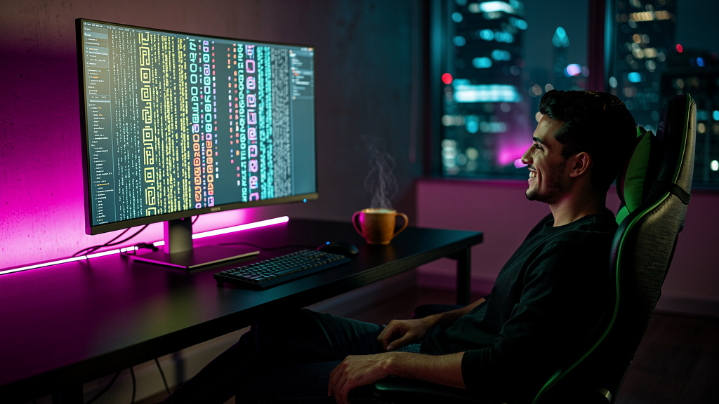 Vibe Coding: A Revolução da IA no Desenvolvimento No-Code — Um desenvolvedor, sorrindo e relaxado em uma cadeira confortável, observa uma IA gerar automaticamente linhas de código complexo em sua tela