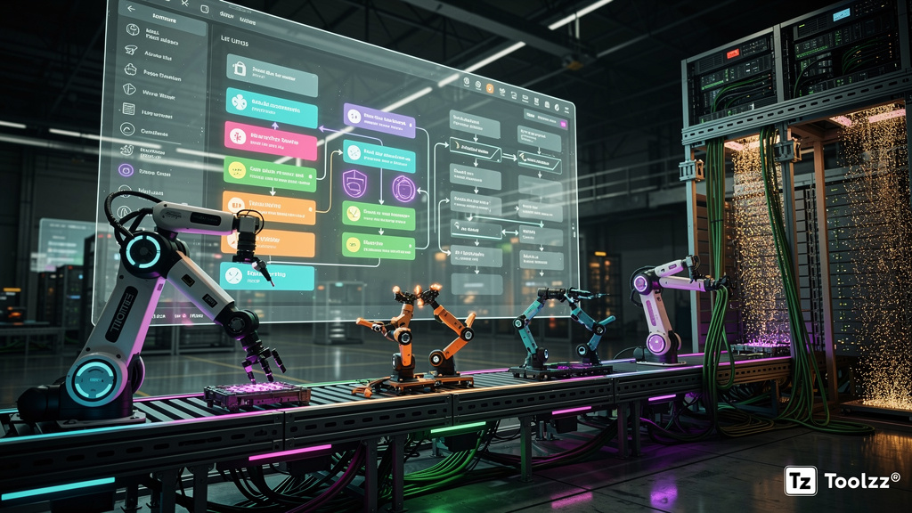 Vibe Coding: A Revolução da IA no Desenvolvimento No-Code e Automação — Uma linha de montagem de robôs trabalhando em conjunto, construindo um aplicativo no-code em uma tela gigante. Cada robô represe