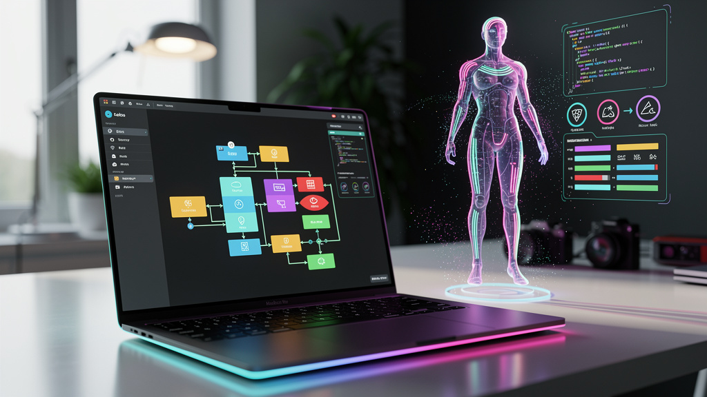 Vibe Coding: A Revolução do Desenvolvimento No-Code com IA — Uma mesa de trabalho moderna e minimalista. Na tela de um laptop, uma interface de desenvolvimento no-code com blocos visuais e setas de fl