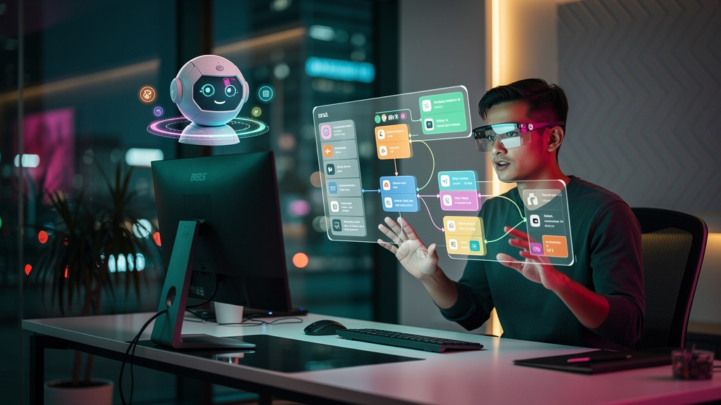 Vibe Coding: A Revolução do Desenvolvimento No-Code com IA — Uma pessoa usando óculos de realidade aumentada em um escritório moderno e minimalista. As lentes dos óculos projetam diagramas de fluxo de
